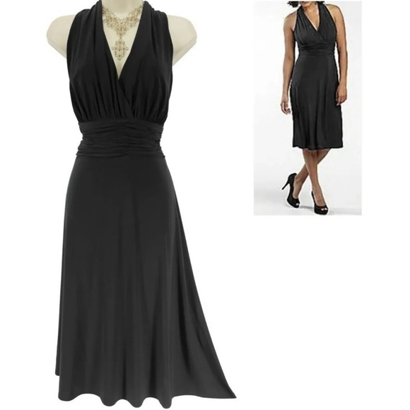 Jones Wear EUC Black Ruched Halter Fit & Flare Dress Stretch Evening Cocktail 10 - Picture 4 of 12